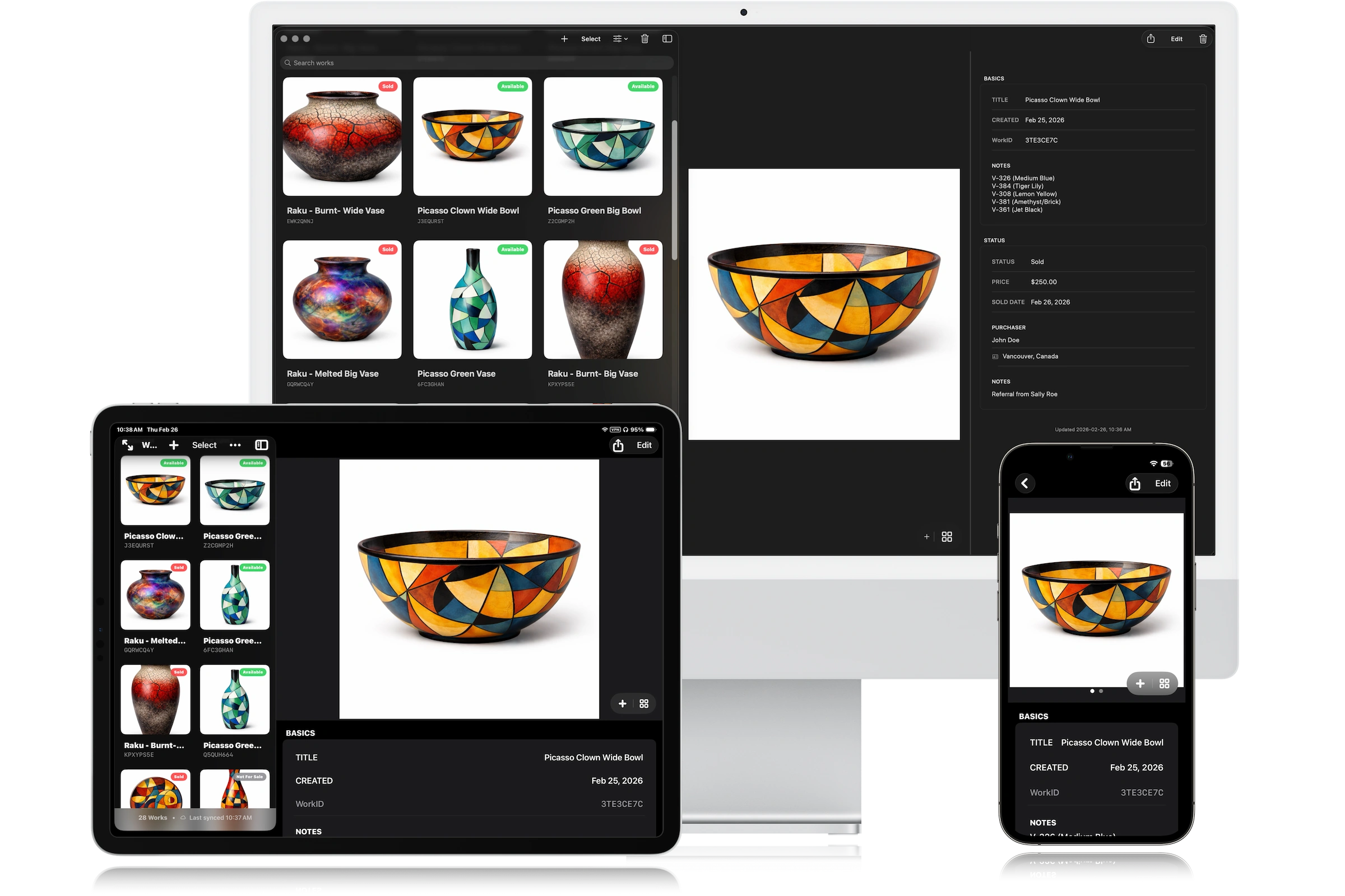 Mockup of StudioMemory showing iPhone, iPad, and Mac screens